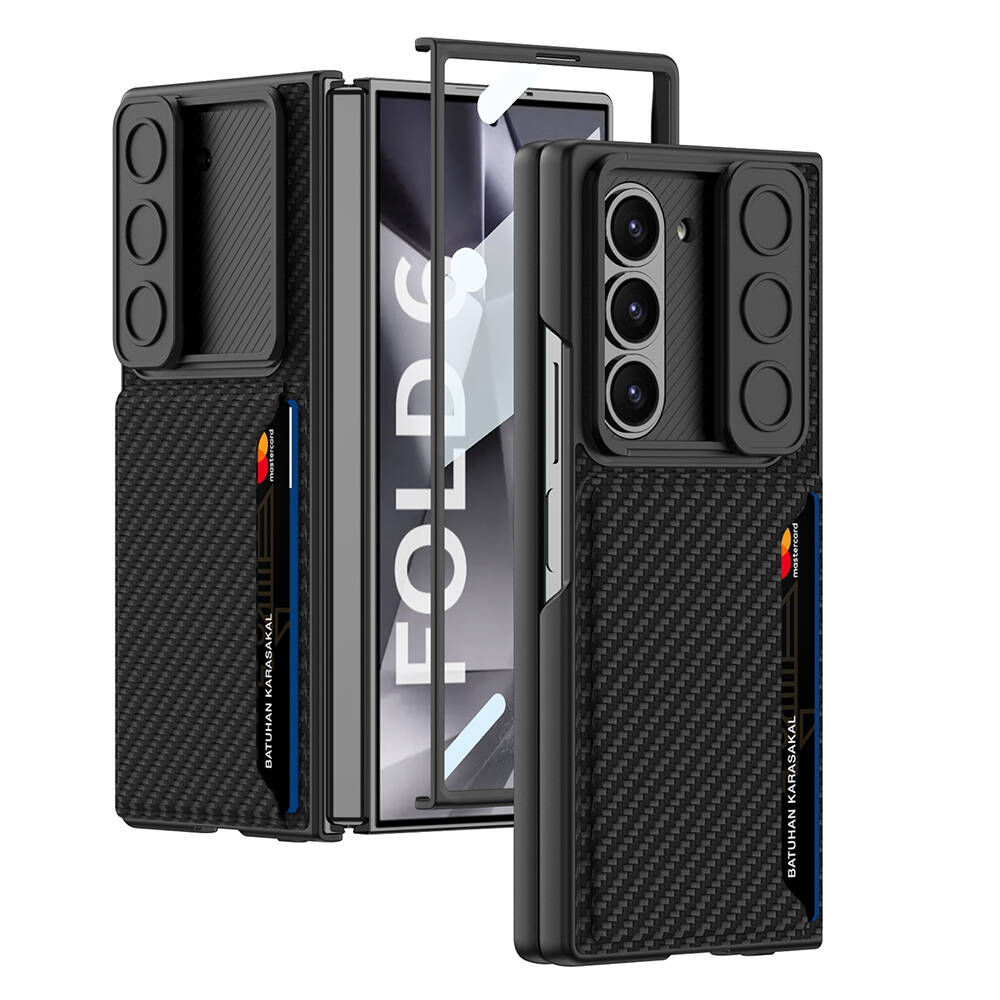 Galaxy Z Fold 6 Kılıf Kamera Korumalı Karbon Fiber Arka Yüzey NXXA Kartlıklı Kıpta Sert Kapak-Siyah