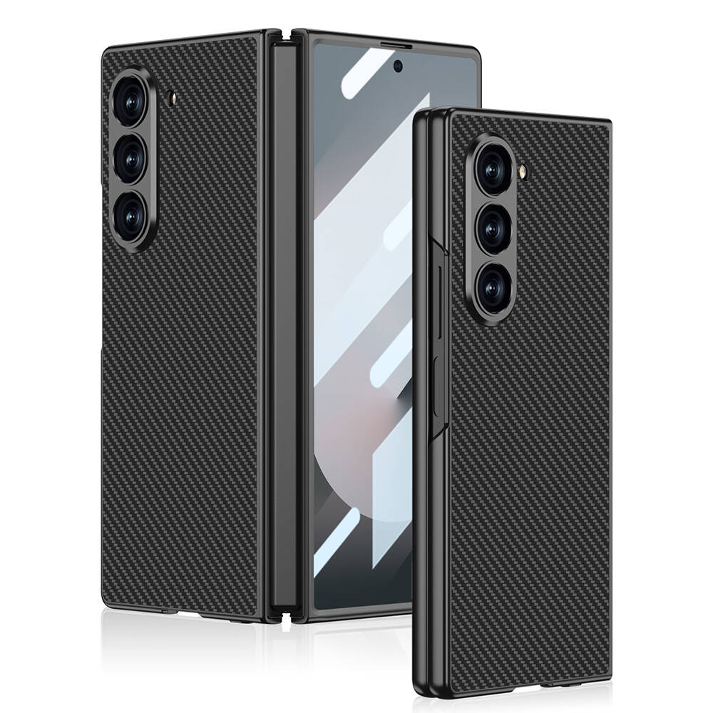 Galaxy Z Fold 6 Kılıf Karbon Fiber Tasarımlı Titanyum Metal NXXA Kıpta Caz Kapak-Siyah Karbon
