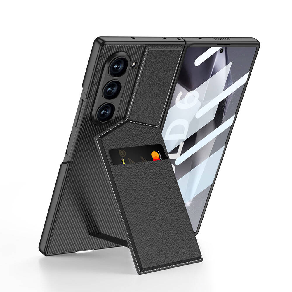 Galaxy Z Fold 6 Kılıf Karbon Fiber Deri Kartlıklı NXXA Kıpta Dik Açılan Kartlıklı Kapak-Siyah