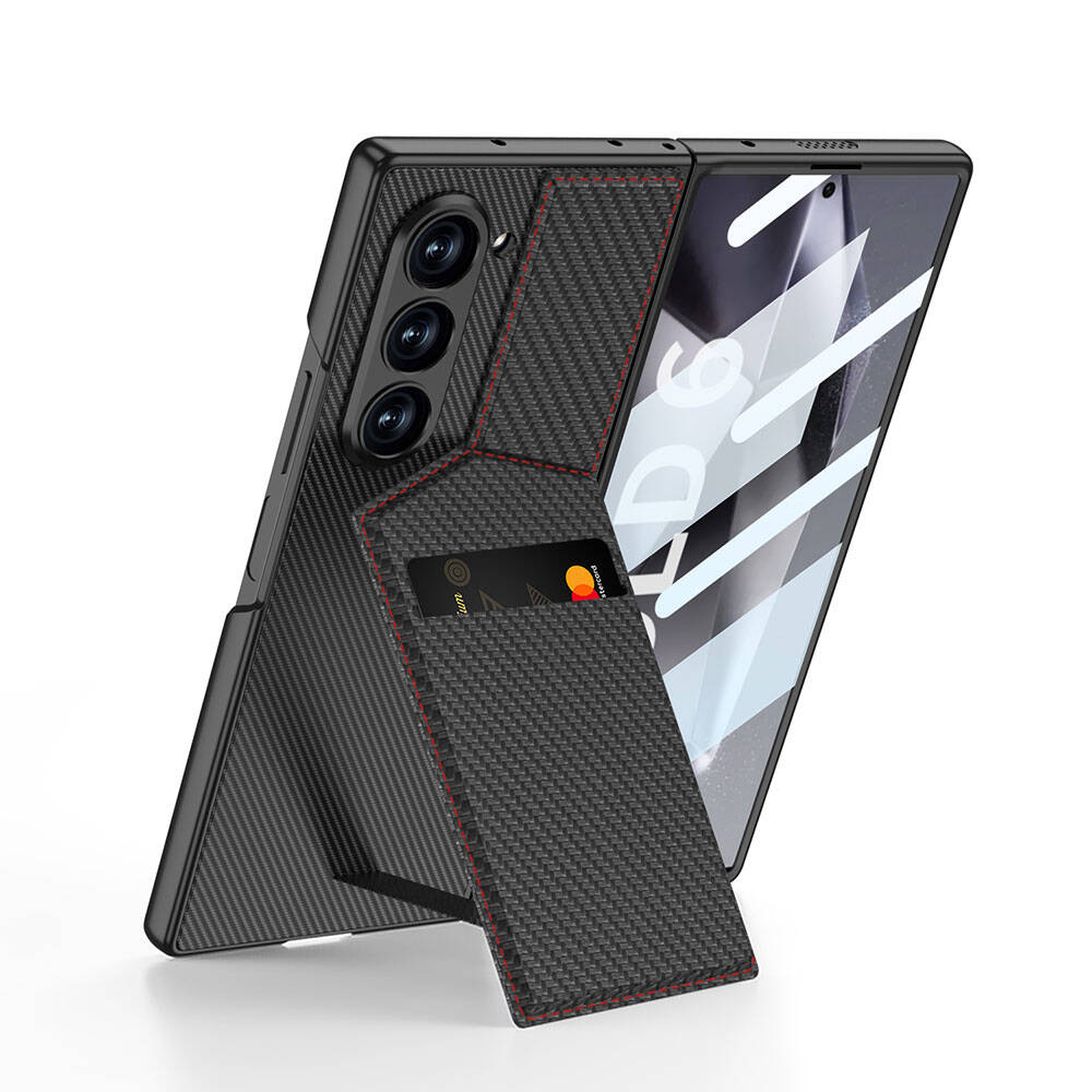 Galaxy Z Fold 6 Kılıf Karbon Fiber Kartlıklı NXXA Kıpta Dik Açılan Kartlıklı Kapak-Siyah