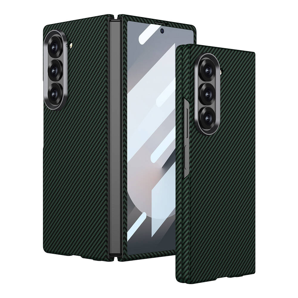 Galaxy Z Fold 6 Kılıf Kamera Korumalı Karbon Fiber Tasarımlı Arka Yüzey NXXA Kıpta Karbon Kapak-Koyu