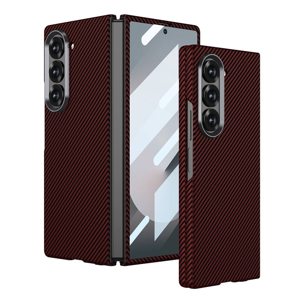 Galaxy Z Fold 6 Kılıf Kamera Korumalı Karbon Fiber Tasarımlı Arka Yüzey NXXA Kıpta Karbon Kapak-Kırm