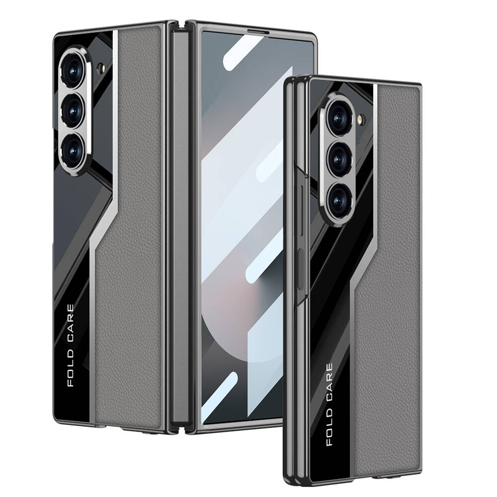 Galaxy Z Fold 6 Kılıf Ultra İnce Kamera Korumalı PC + Deri Arka Yüzey NXXA Kıpta Poligan Kapak-Gri
