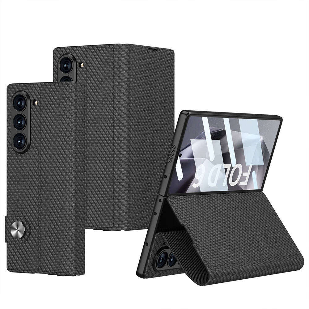 Galaxy Z Fold 6 Kılıf Karbon Fiber Tasarımlı Magnetik Tokalı Kartlıklı NXXA Kıpta Zegna Kapak-Siyah