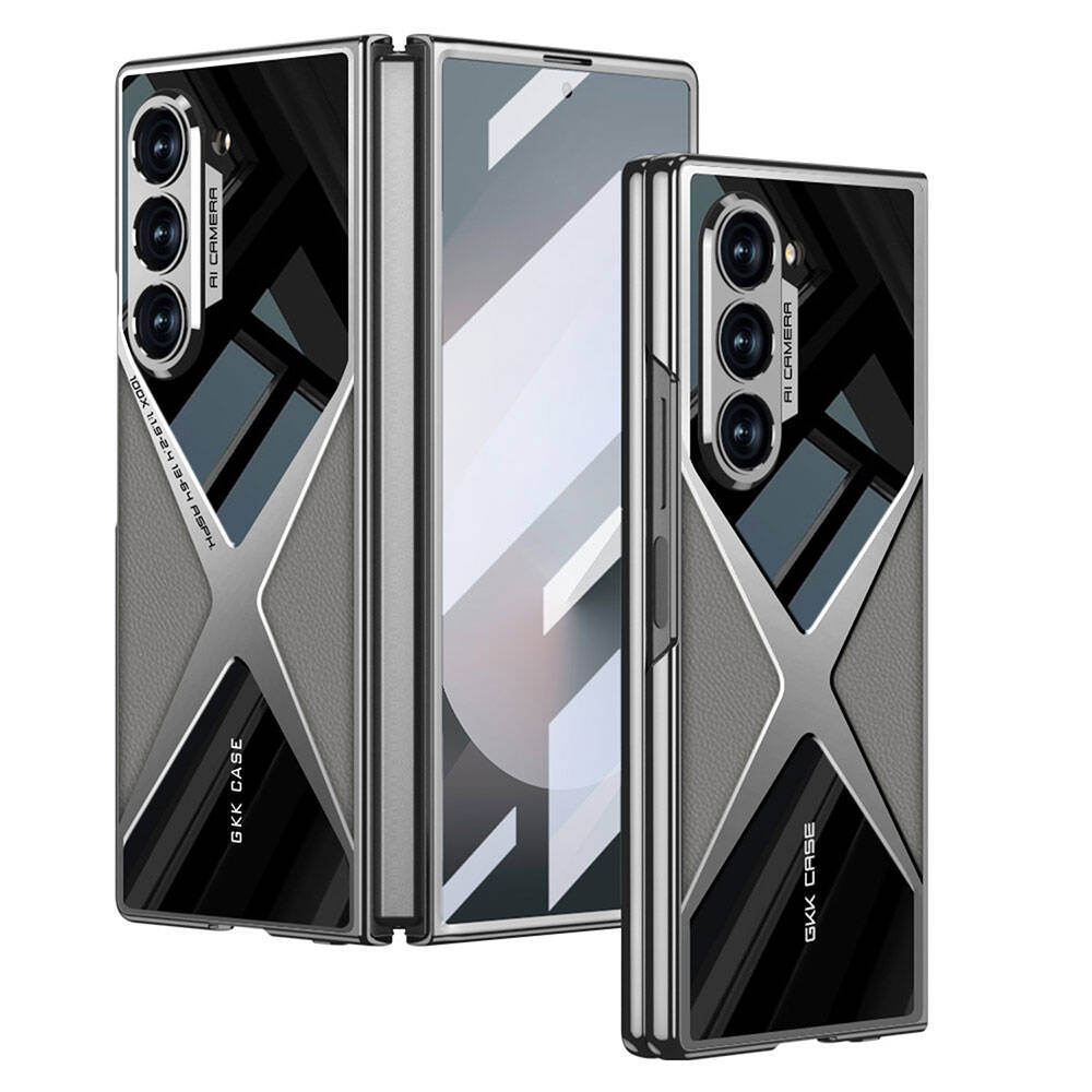Galaxy Z Fold 6 Kılıf Ultra İnce Kamera Korumalı PC + Deri Arka Yüzey NXXA X-Pro Kapak-Titanyum-Gri