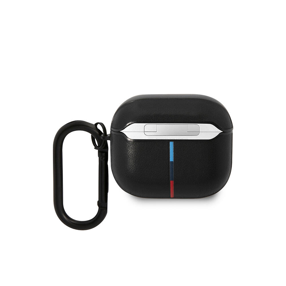 Apple Airpods 3. Nesil Kılıf BMW Orjinal Lisanslı PU Deri Tasarımlı 3 Renk Çizgili Çift Metal Logolu Kapak - Siyah