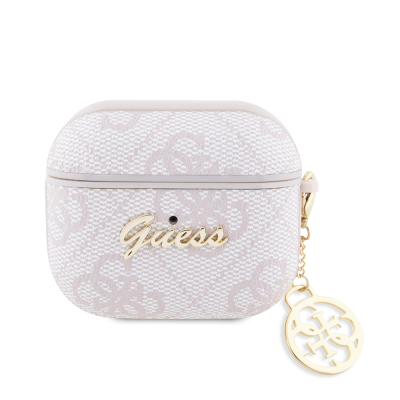 Apple Airpods 3. Nesil Kılıf Guess Orjinal Lisanslı 4G Desenli Metal Script Logolu 4G Charm PU Deri Kapak - Guess