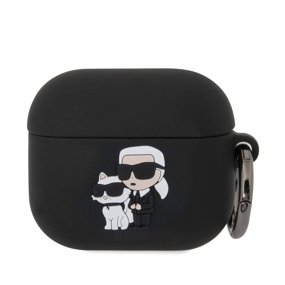 Apple Airpods 3. Nesil Kılıf Karl Lagerfeld Orjinal Lisanslı Karl & Choupette 3D Silikon Kapak - Siyah