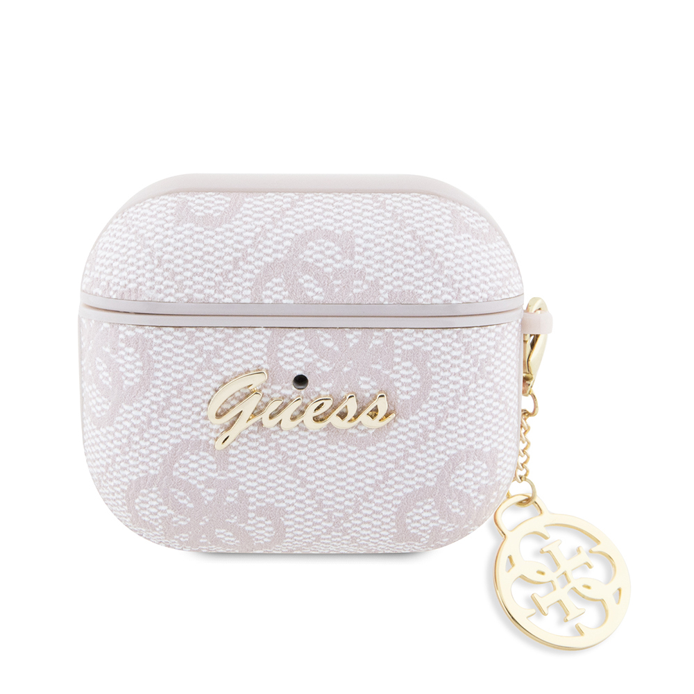 Apple Airpods 3.Nesil Kılıf Guess Orjinal Lisanslı 4G Desenli Metal Script Logolu 4G Charm PU Deri Kapak - Pembe