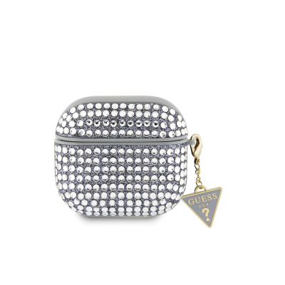 Apple Airpods 4 Case Guess Original Licensed Glittering Stone Coated Triangle Logo Ornamental Chain Cover - Guess
