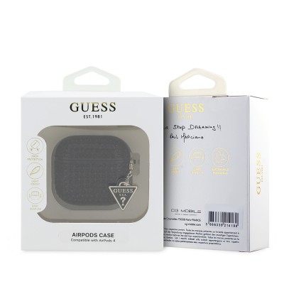 Apple Airpods 4 Kılıf Guess Orjinal Lisanslı Parıltılı Taş Kaplamalı Üçgen Logo Süs Zincirli Kapak - 9