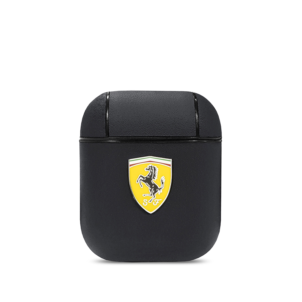 Apple Airpods Kılıf Ferrari Orjinal Lisanslı PU Deri Metal Logolu SF Arka Yüzey Yazılı Kapak - Siyah