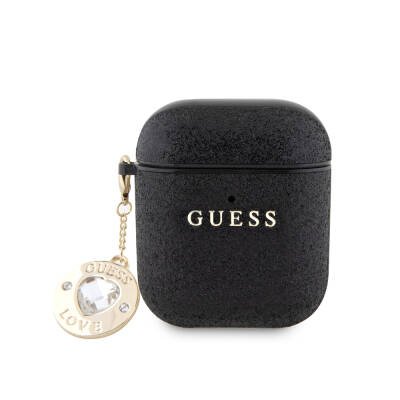 Apple Airpods Kılıf Guess Orjinal Lisanslı Glitter Elmas Kalp Süs Zincirli Kapak - Guess