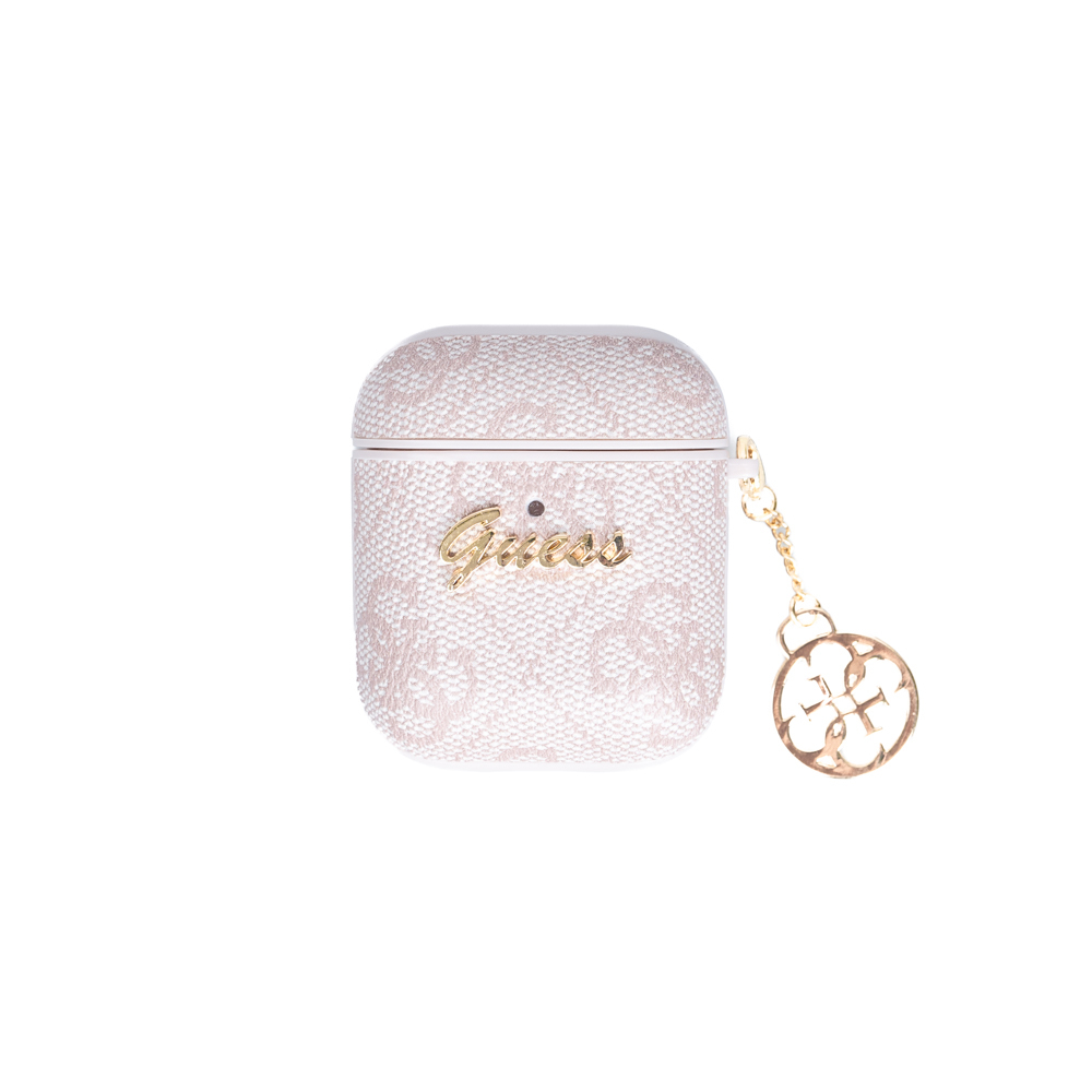 Apple Airpods Kılıf Guess Orjinal Lisanslı 4G Desenli Metal Script Logolu 4G Charm Sağdan Askılı PU Deri Kılıf - Pembe