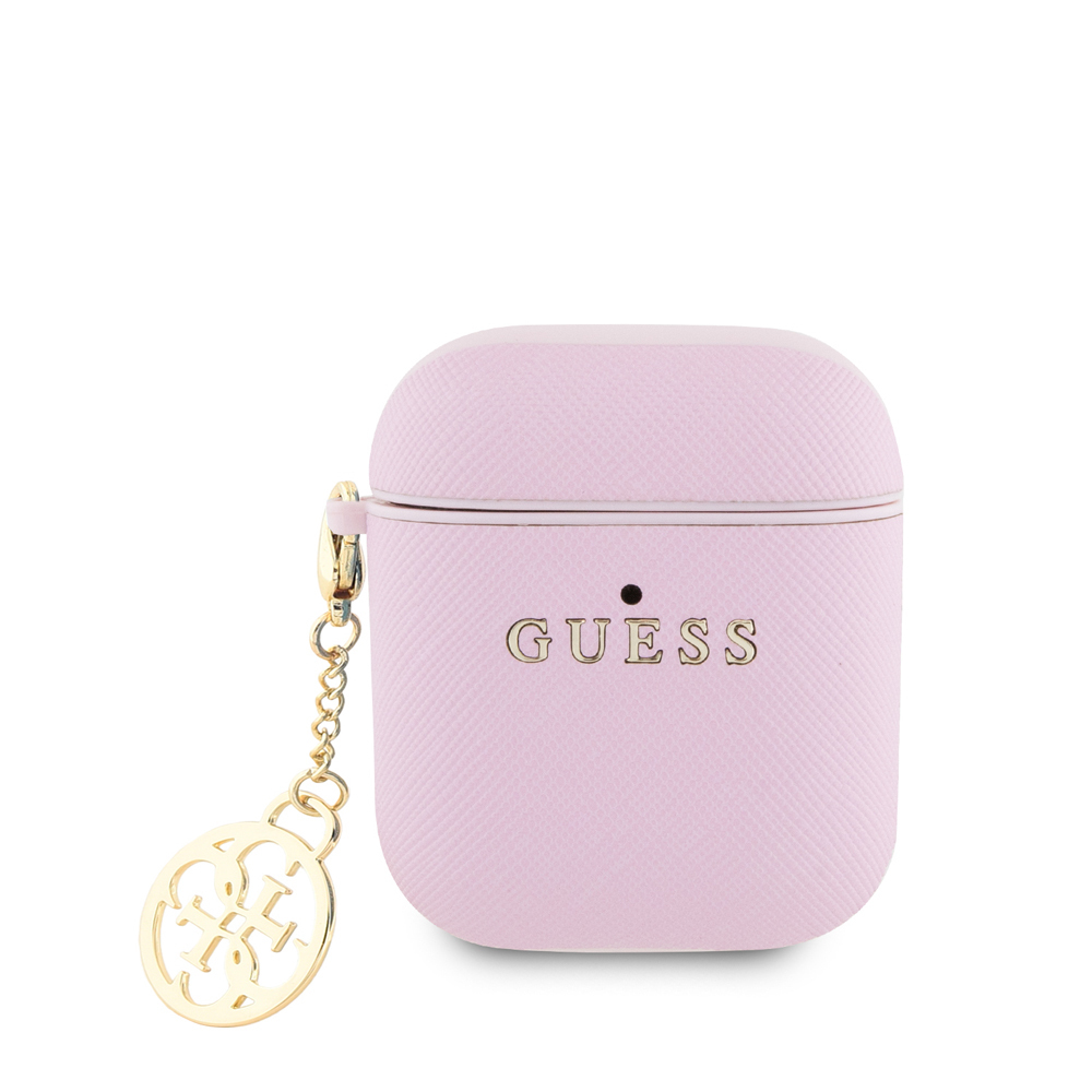 Apple Airpods Kılıf Guess Orjinal Lisanslı Dokulu 4G Yuvarlak Süs Zincirli Saffiano Kılıf - Pembe