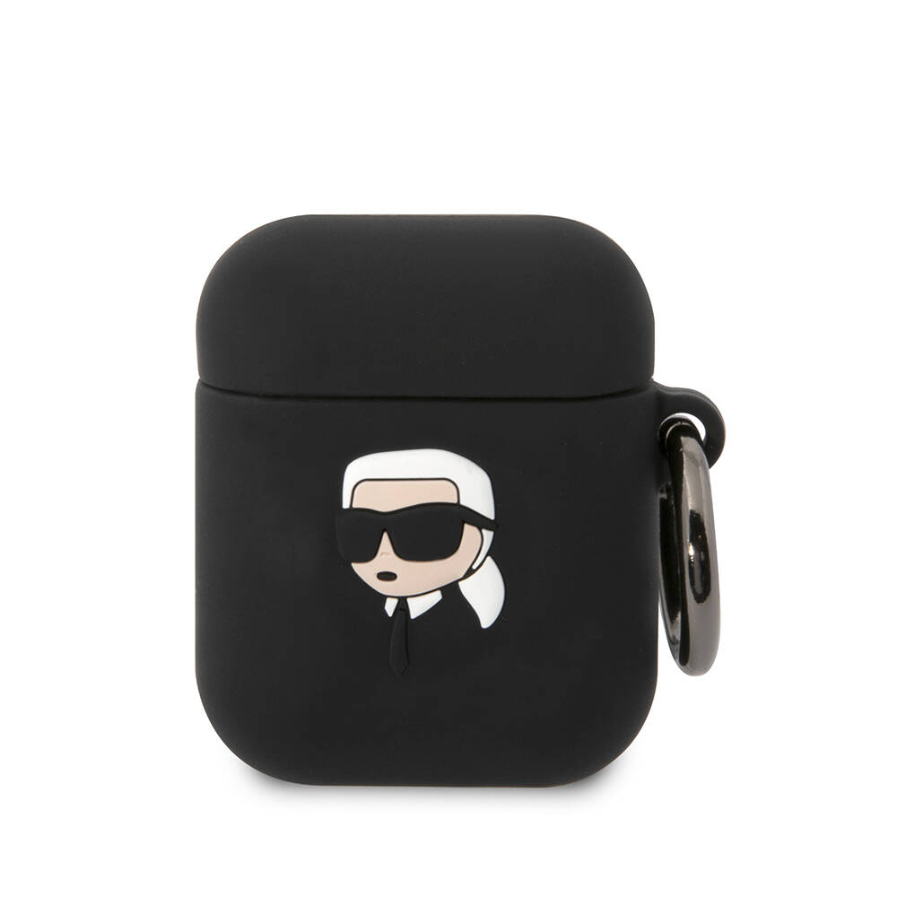 Apple Airpods Kılıf Karl Lagerfeld Orjinal Lisanslı Karl 3D Silikon Kapak - Siyah
