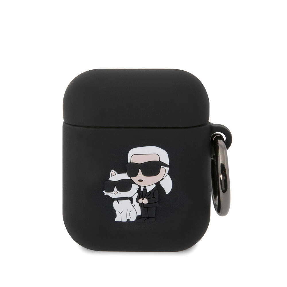 Apple Airpods Kılıf Karl Lagerfeld Orjinal Lisanslı Karl & Choupette 3D Silikon Kapak - Siyah