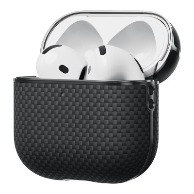 Apple Airpods Pro 2 Kılıf 1500D Aramid Fiber Pitaka Ultra-Slim Classic Serisi Black-Grey Twill Kapak - 3
