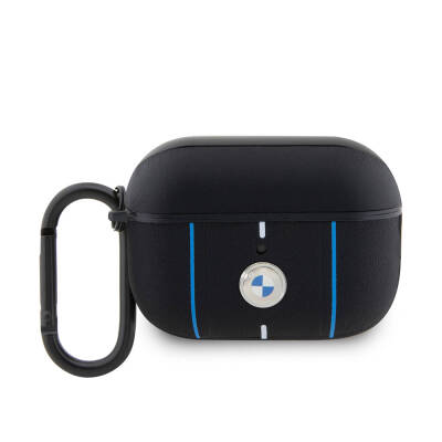 Apple Airpods Pro 2 Kılıf BMW Orjinal Lisanslı PU Deri Mavi Beyaz Çizgili Metal Logolu Kapak - BMW