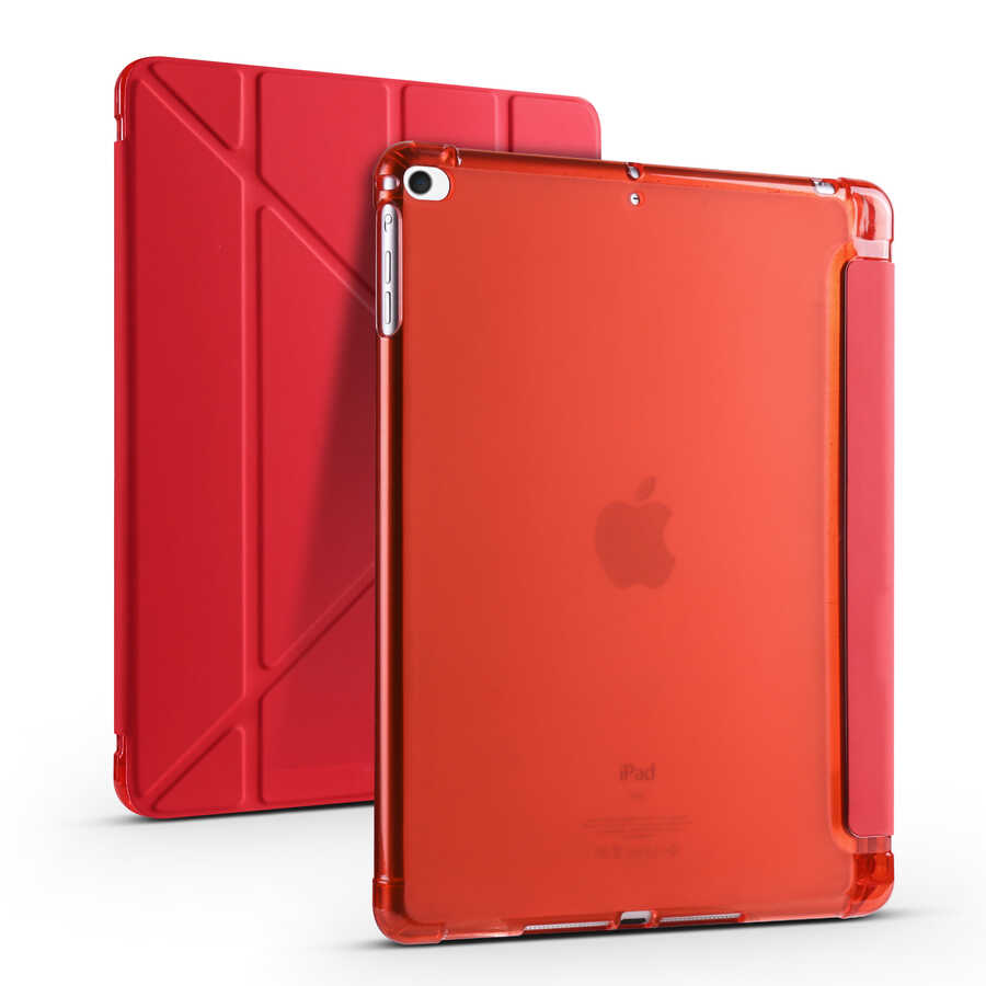 Apple iPad 9.7 2018 (6.Nesil) Kılıf Zore Tri Folding Kalem Bölmeli Standlı Kılıf - Kırmızı