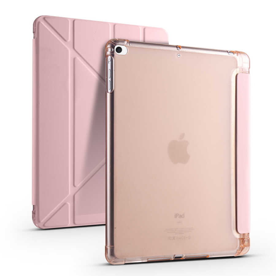 Apple iPad 9.7 2018 (6.Nesil) Kılıf Zore Tri Folding Kalem Bölmeli Standlı Kılıf - Rose Gold