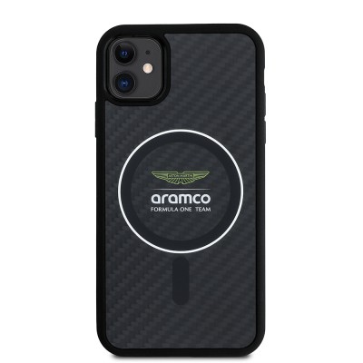 Apple iPhone 11 Kılıf Aston Martin Orjinal Lisanslı M-safe Şarj Özellikli Renkli Halka ve Karbon Fiber Tasarımlı Kapak Siyah-Gümüş