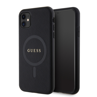 Apple iPhone 11 Kılıf Guess Orjinal Lisanslı M-safe Şarj Özellikli Yazı Logolu Saffiano Classic Kapak - Guess