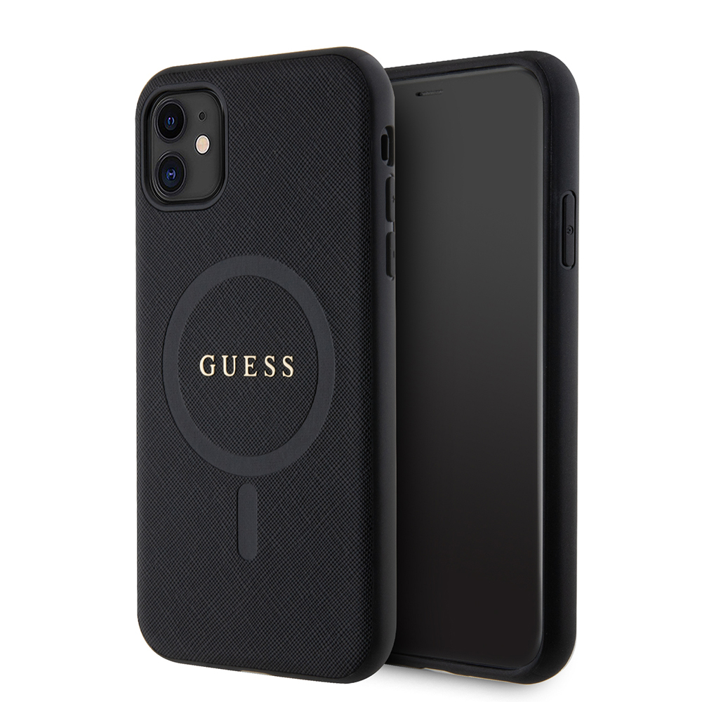 Apple iPhone 11 Kılıf Guess Orjinal Lisanslı M-safe Şarj Özellikli Yazı Logolu Saffiano Classic Kapak - Siyah