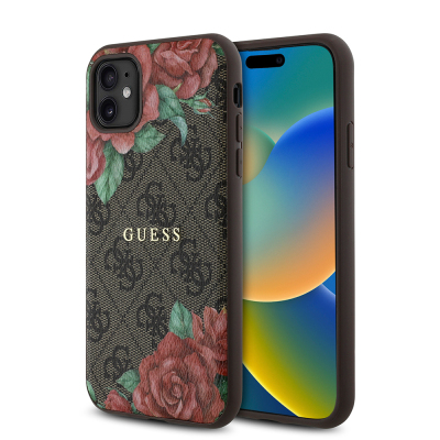 Apple iPhone 11 Kılıf Guess Orjinal Lisanslı M-safe Uyumlu Gül Baskılı 4G Desenli Yazı Logolu Kapak - Guess