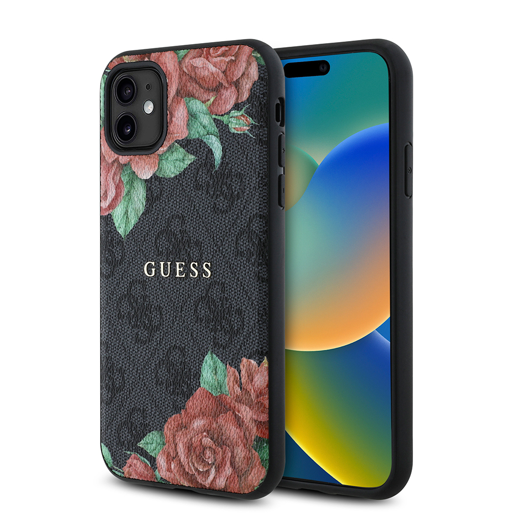 Apple iPhone 11 Kılıf Guess Orjinal Lisanslı M-safe Uyumlu Gül Baskılı 4G Desenli Yazı Logolu Kapak - Siyah