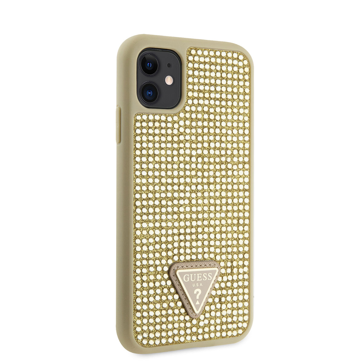 Apple iPhone 11 Kılıf Guess Orjinal Lisanslı Taşlı Arka Yüzey Üçgen Logolu Kapak - Gold