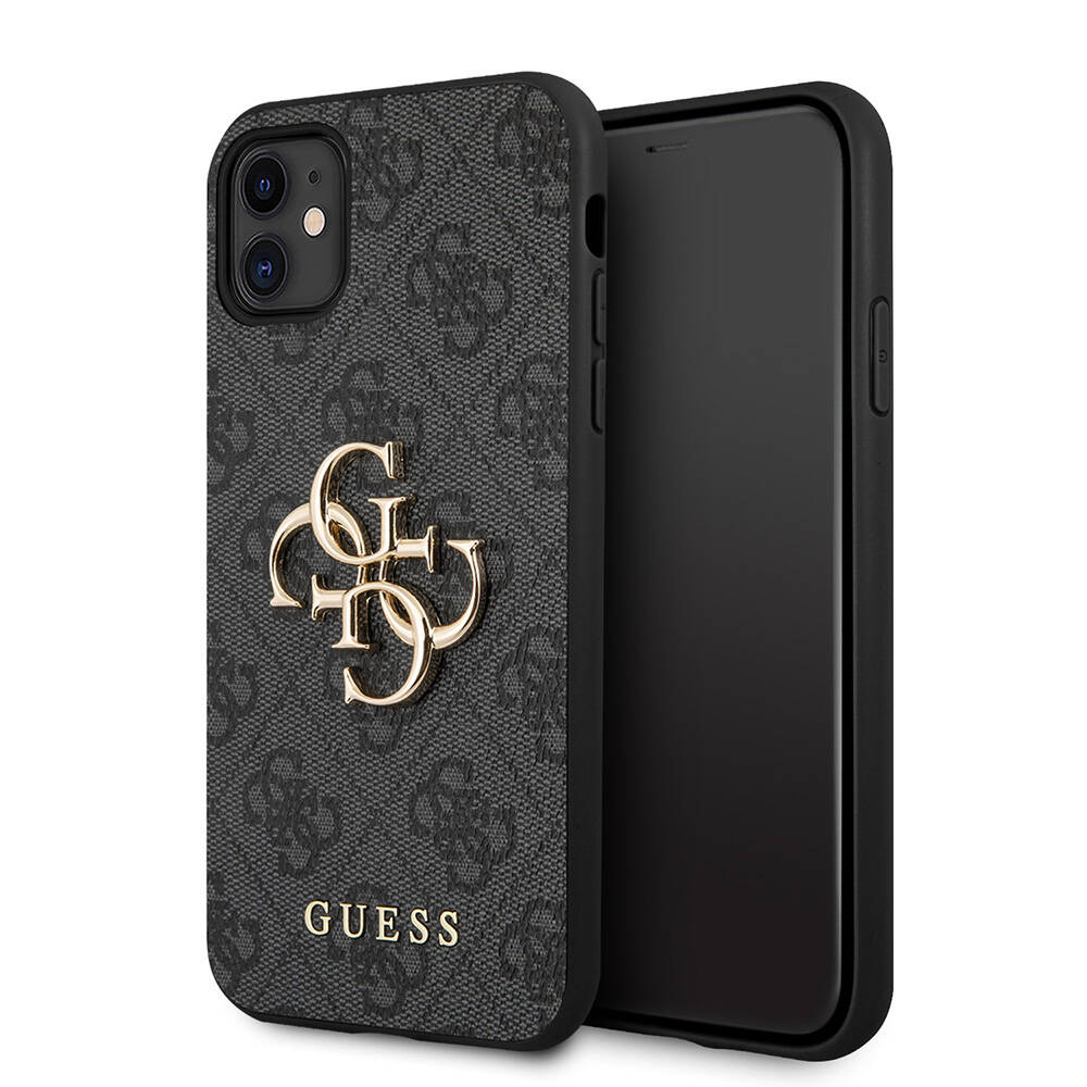 Apple iPhone 11 Kılıf Guess PU Deri Büyük Metal Logo Dizaynlı Kapak - Gri