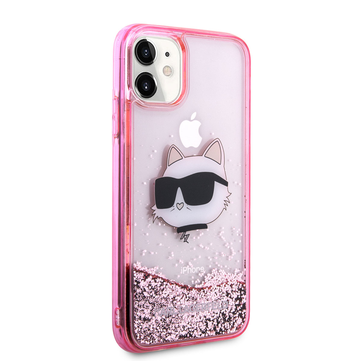 Apple iPhone 11 Kılıf Karl Lagerfeld Sıvılı Simli Choupette Head Dizayn Kapak - Pembe
