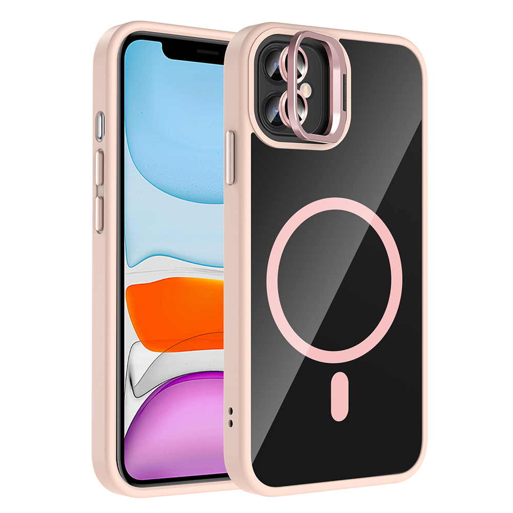 iPhone 11 Kılıf Standlı ve Kamera Lens Hediyeli M-Safe Şarj Özellikli NXXA Etro Kapak - Pembe