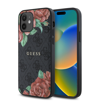 Apple iPhone 12 Kılıf Guess Orjinal Lisanslı M-safe Şarj Özellikli Gül Baskılı 4G Desenli Yazı Logolu Kapak - Guess