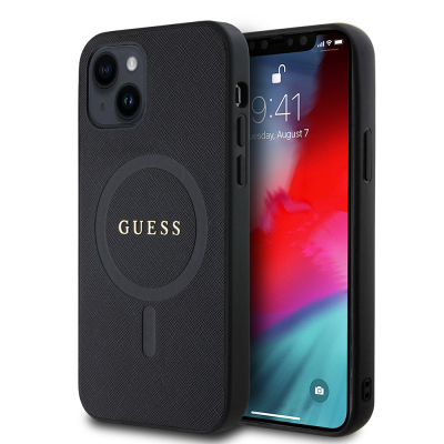 Apple iPhone 12 Kılıf Guess Orjinal Lisanslı M-safe Şarj Özellikli Yazı Logolu Saffiano Classic Kapak - Guess