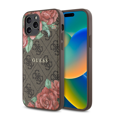Apple iPhone 12 Pro Kılıf Guess Orjinal Lisanslı M-safe Şarj Özellikli Gül Baskılı 4G Desenli Yazı Logolu Kapak - Guess