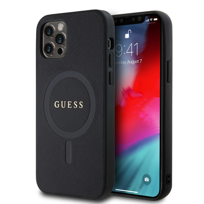 Apple iPhone 12 Pro Kılıf Guess Orjinal Lisanslı M-safe Şarj Özellikli Yazı Logolu Saffiano Classic Kapak - Guess
