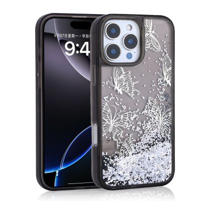 Apple iPhone 12 Pro Kılıf Sıvılı Simli Kelebek Baskılı Şeffaf Arka Yüzey Zore Glis Silikon Kapak - Zore