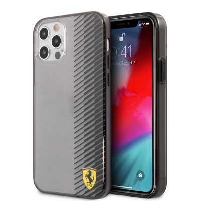 Apple iPhone 12 Pro Max Kılıf Ferrari Orjinal Lisanlı Klasik Metal Logolu Transparan Çizgi Desenli Gradient Kapak - Ferrari