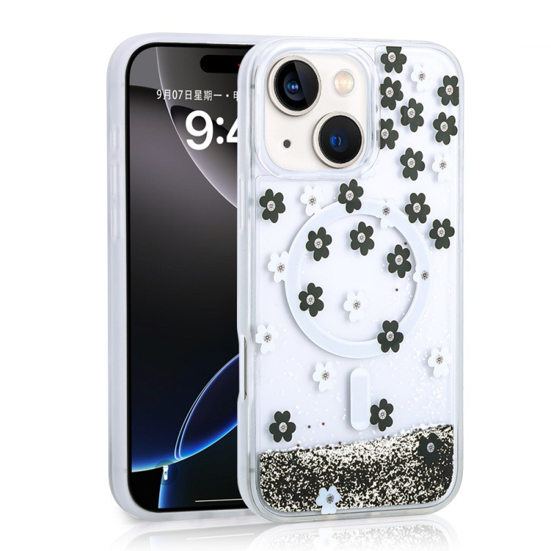 Apple iPhone 13 Case Liquid Glitter Printed Transparent Back Surface Zore Mossa Silicone Cover - 1