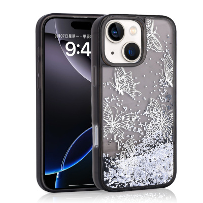 Apple iPhone 13 Kılıf Sıvılı Simli Kelebek Baskılı Şeffaf Arka Yüzey Zore Glis Silikon Kapak - Zore