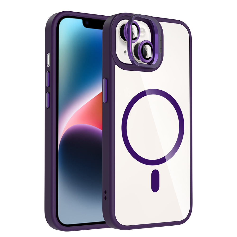 iPhone 13 Kılıf Standlı ve Kamera Lens Hediyeli M-Safe Şarj Özellikli NXXA Etro Kapak - Derin Mor