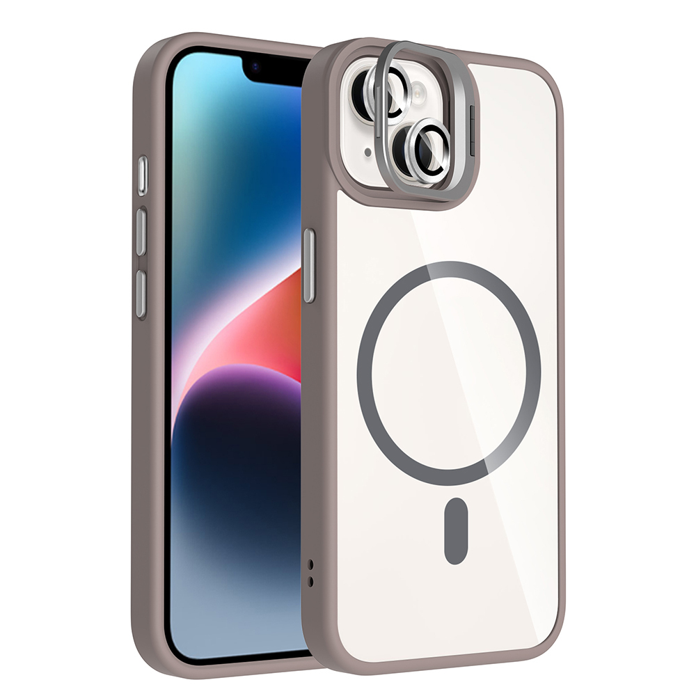 iPhone 13 Kılıf Standlı ve Kamera Lens Hediyeli M-Safe Şarj Özellikli NXXA Etro Kapak - Gri