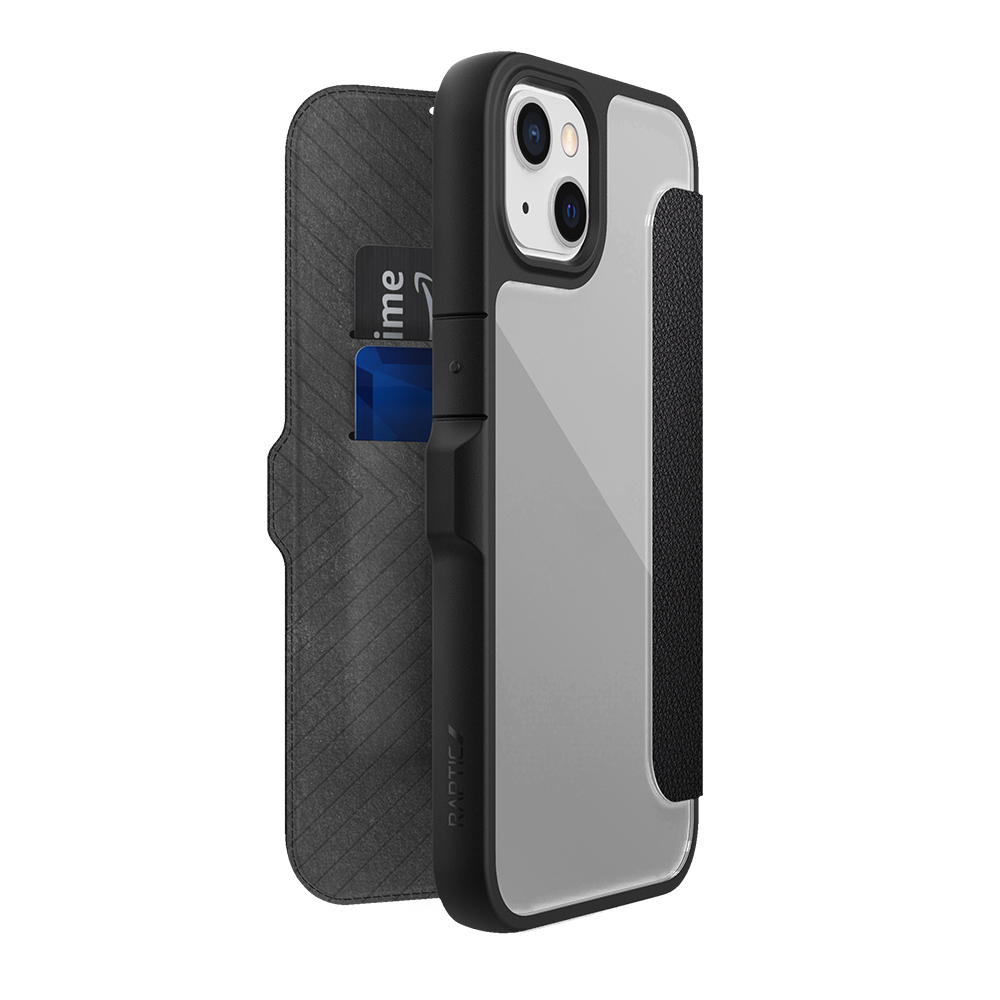 Apple iPhone 13 Kılıf Vegan Deri Tasarımlı Şeffaf Arka Yüzey Kartlıklı Raptic Urban Folio Serisi Kapak - Siyah