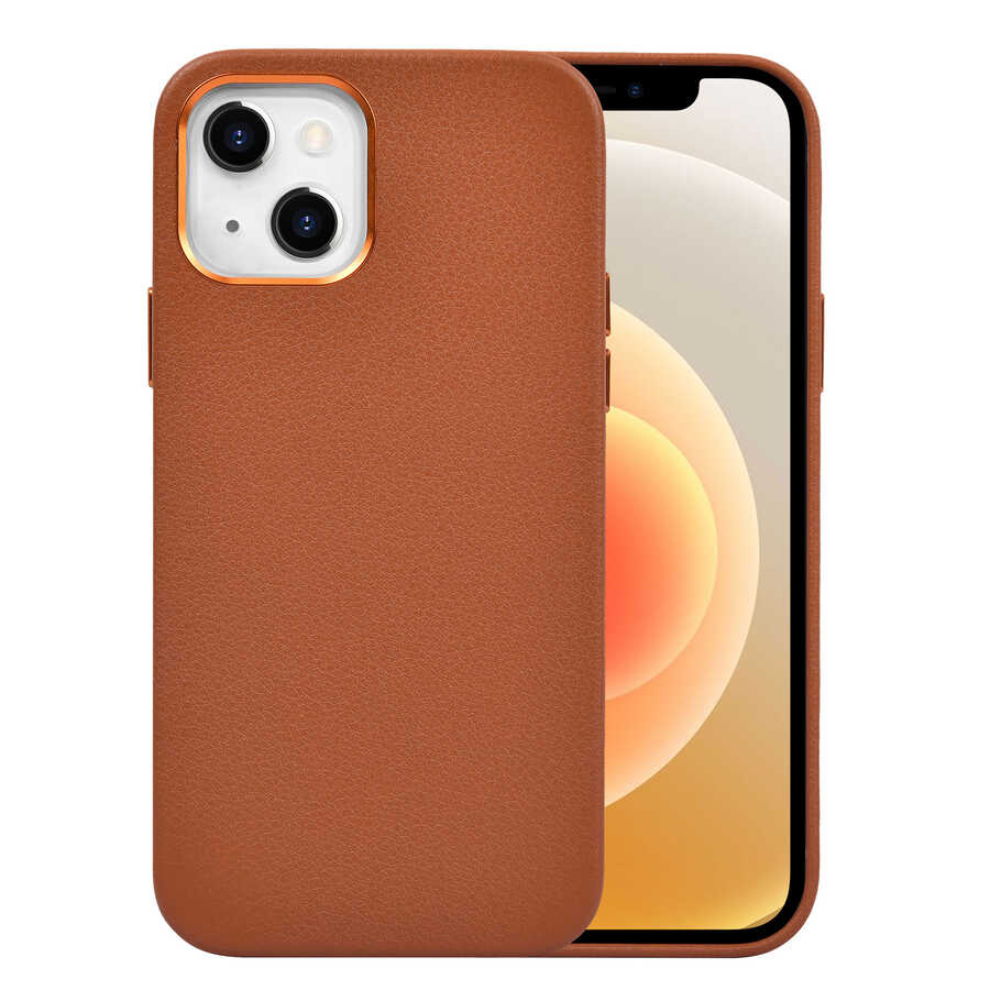 Apple iPhone 13 Kılıf Wiwu Calfskin Kapak - Kahverengi