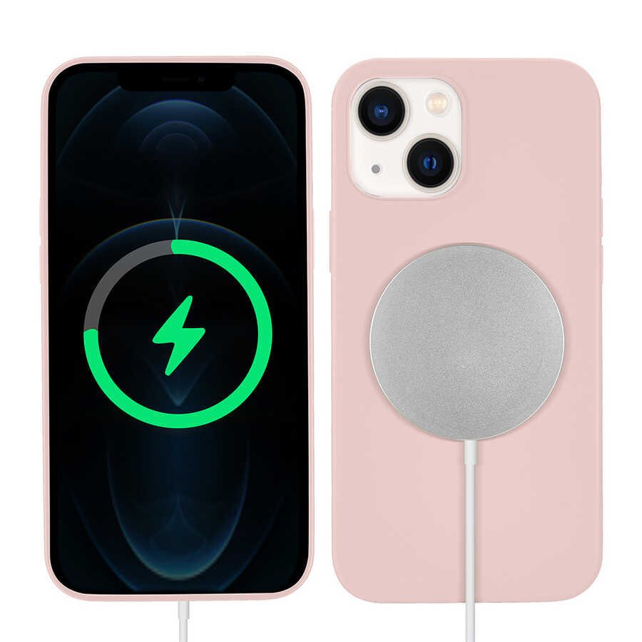 Apple iPhone 13 Kılıf Zore Silksafe Wireless Kapak - Pembe Açık