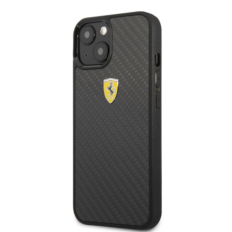 Apple iPhone 13 Mini Case Ferrari Original Licensed Classic Metal Logo Carbon Design Cover - 3