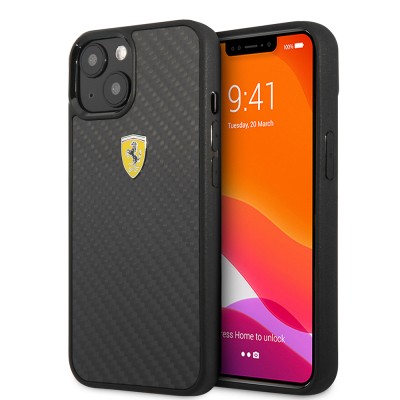 Apple iPhone 13 Mini Case Ferrari Original Licensed Classic Metal Logo Carbon Design Cover - 2