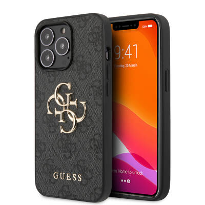 Apple iPhone 13 Pro Kılıf Guess Orjinal Lisanslı PU Deri 4G Desenli Metal Büyük 4G ve Yazı Logolu Kapak - Guess